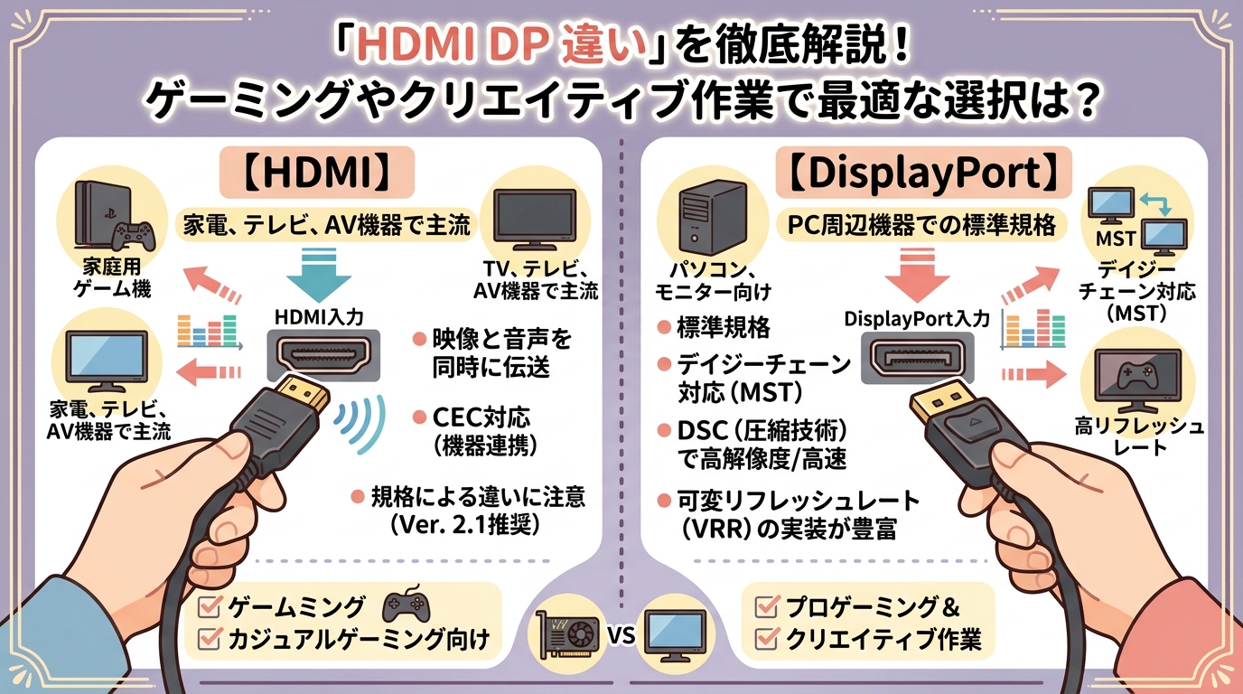 「HDMI DP 違い」を徹底解説！ゲーミングやクリエイティブ作業で最適な選択は？