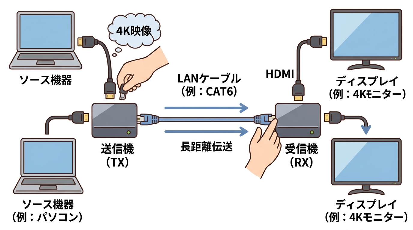 HDMIエクステンダーの送信機・受信機の接続図解