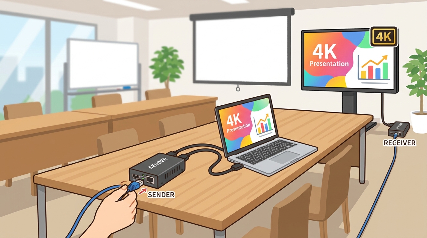 会議室でのHDMIエクステンダー活用イメージ