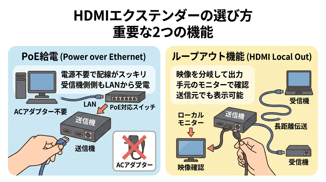 PoE給電とループアウト機能の図解