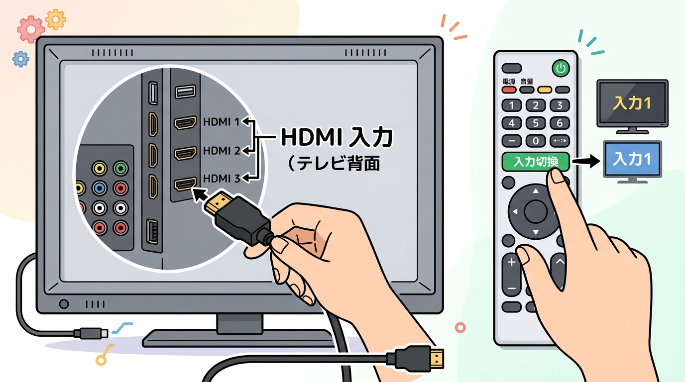 テレビの背面端子と入力切替リモコンの画像