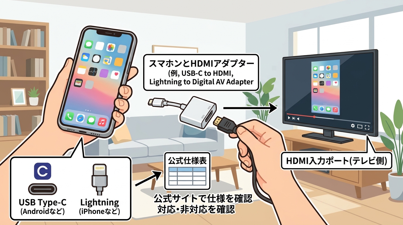 スマホの端子や公式サイトの仕様表のイメージ画像