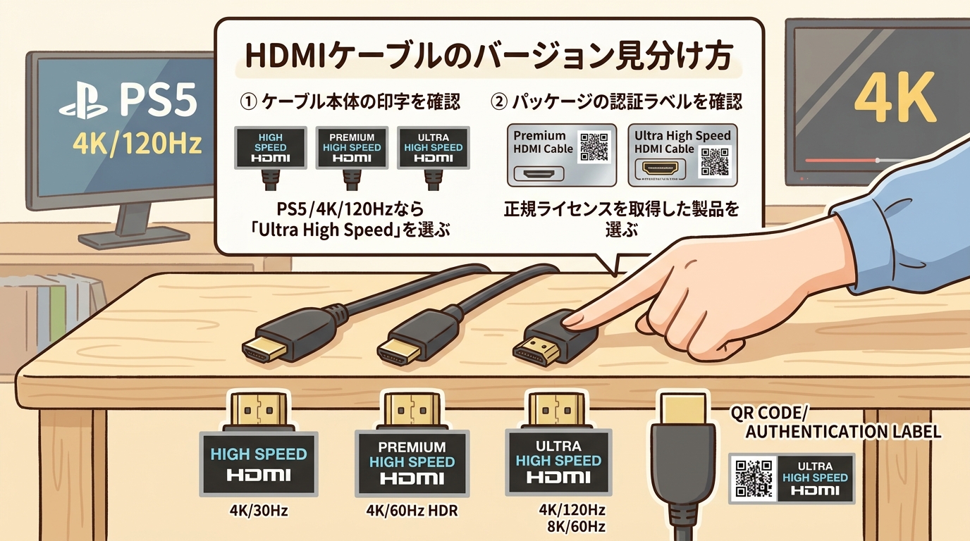 HDMIケーブルの本体に印字された規格名の画像