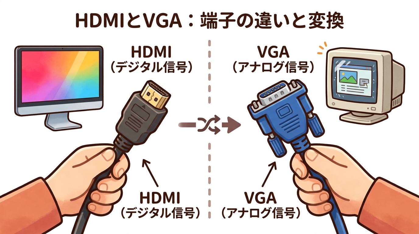 HDMI端子とVGA端子の違いと変換のイメージ画像