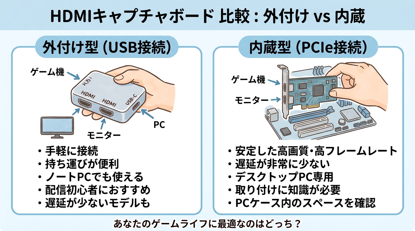 外付け型と内蔵型のキャプチャボード比較画像