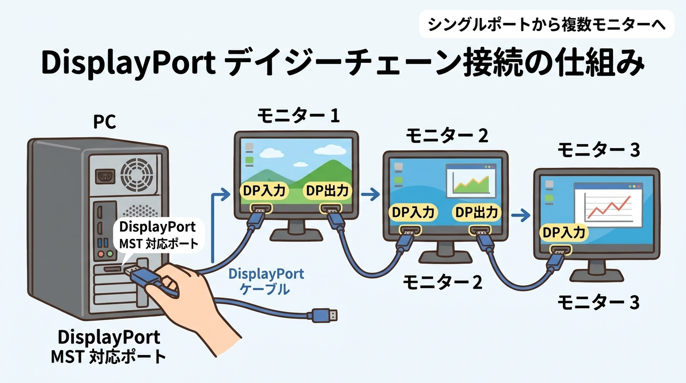 DisplayPortのデイジーチェーン接続の図解画像