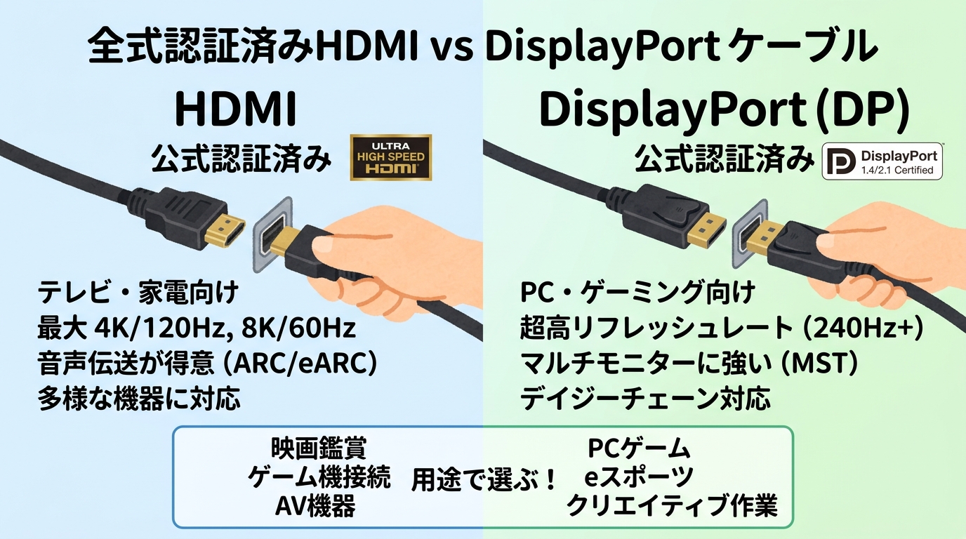 公式認証済みのHDMIとDisplayPortケーブルの画像