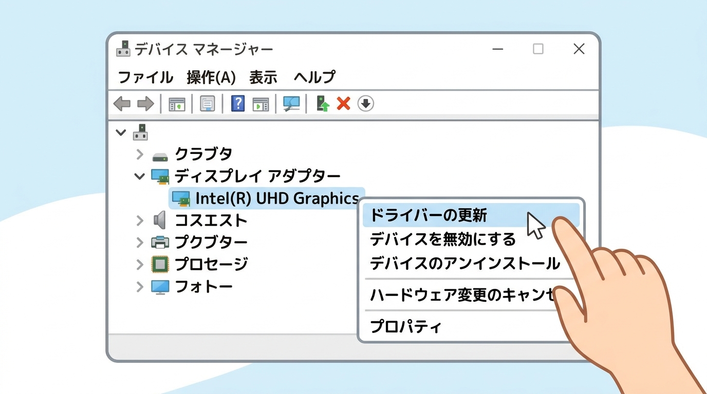 デバイスマネージャーのグラフィックドライバー更新画面の画像
