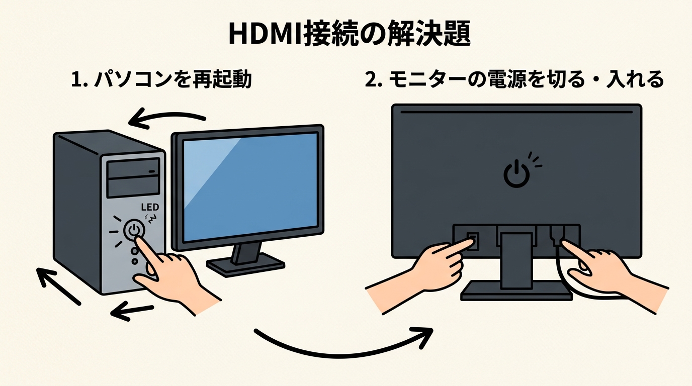 パソコンとモニターの電源再起動の画像