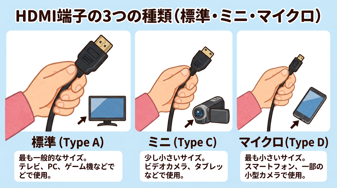 HDMI端子の3つの種類（標準、ミニ、マイクロ）の画像