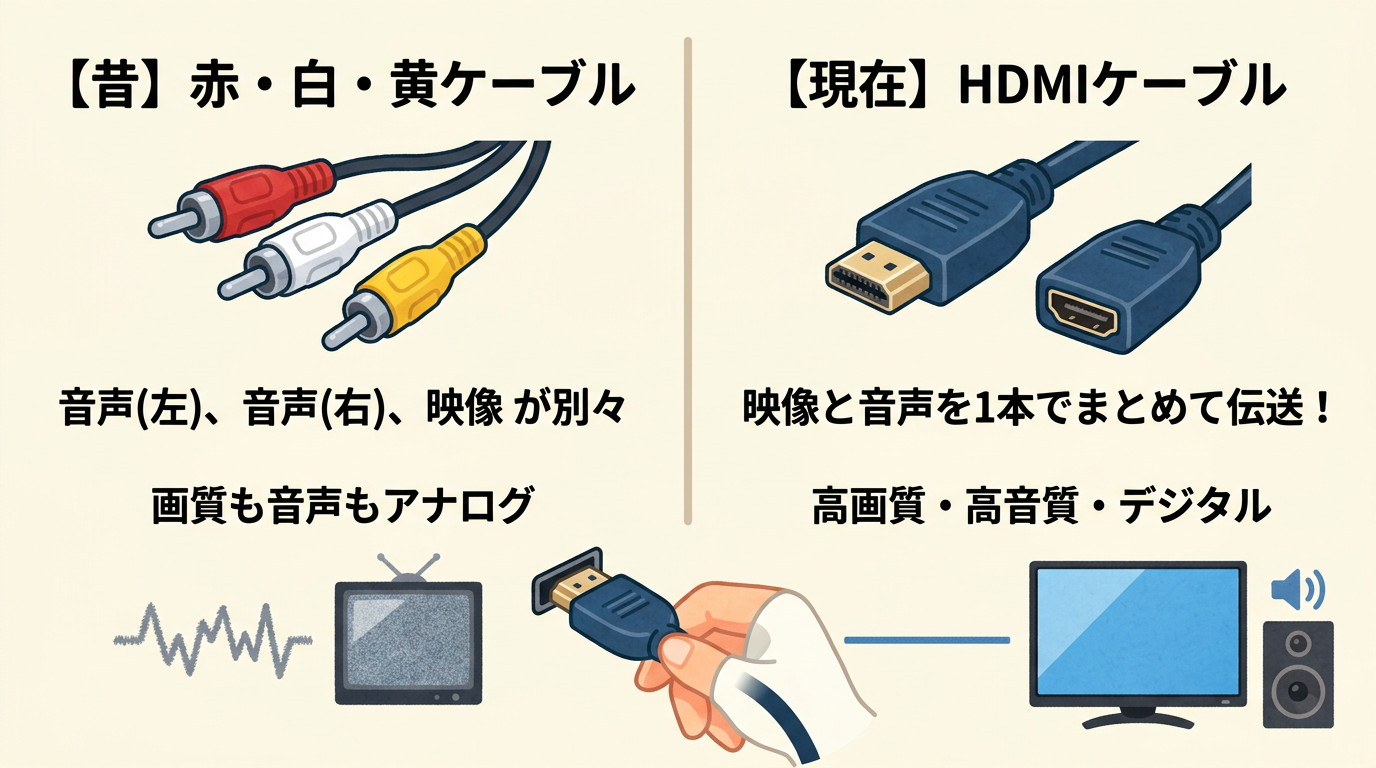 昔の赤白黄ケーブルとHDMIケーブルの比較画像