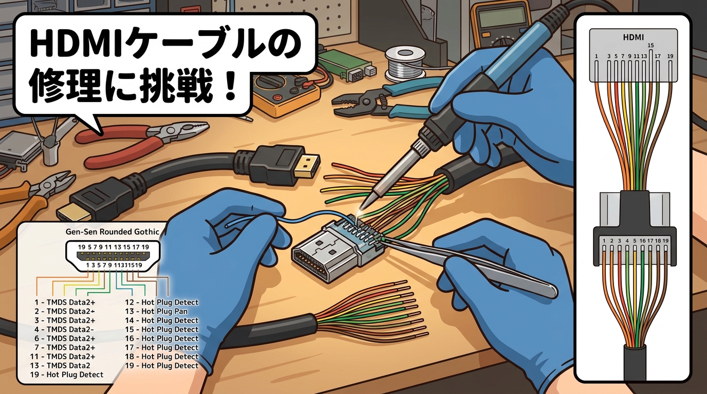 HDMIケーブルのはんだ付け・修理の様子