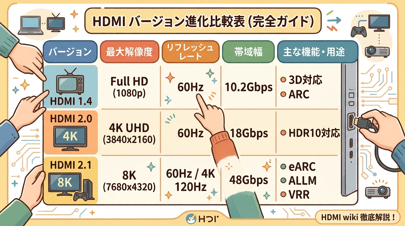 HDMIのバージョン進化を示す比較表の画像