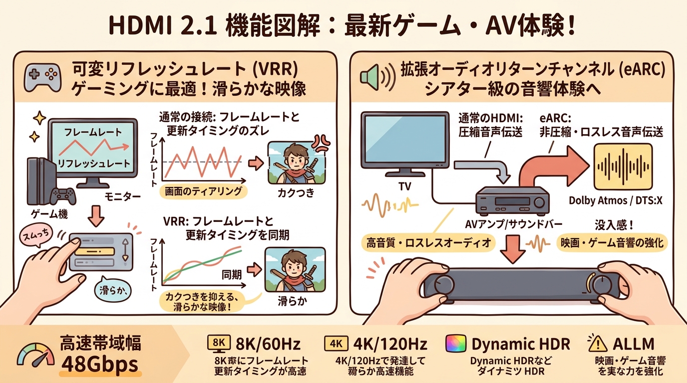 VRRやeARCなどHDMI 2.1の機能を図解した画像