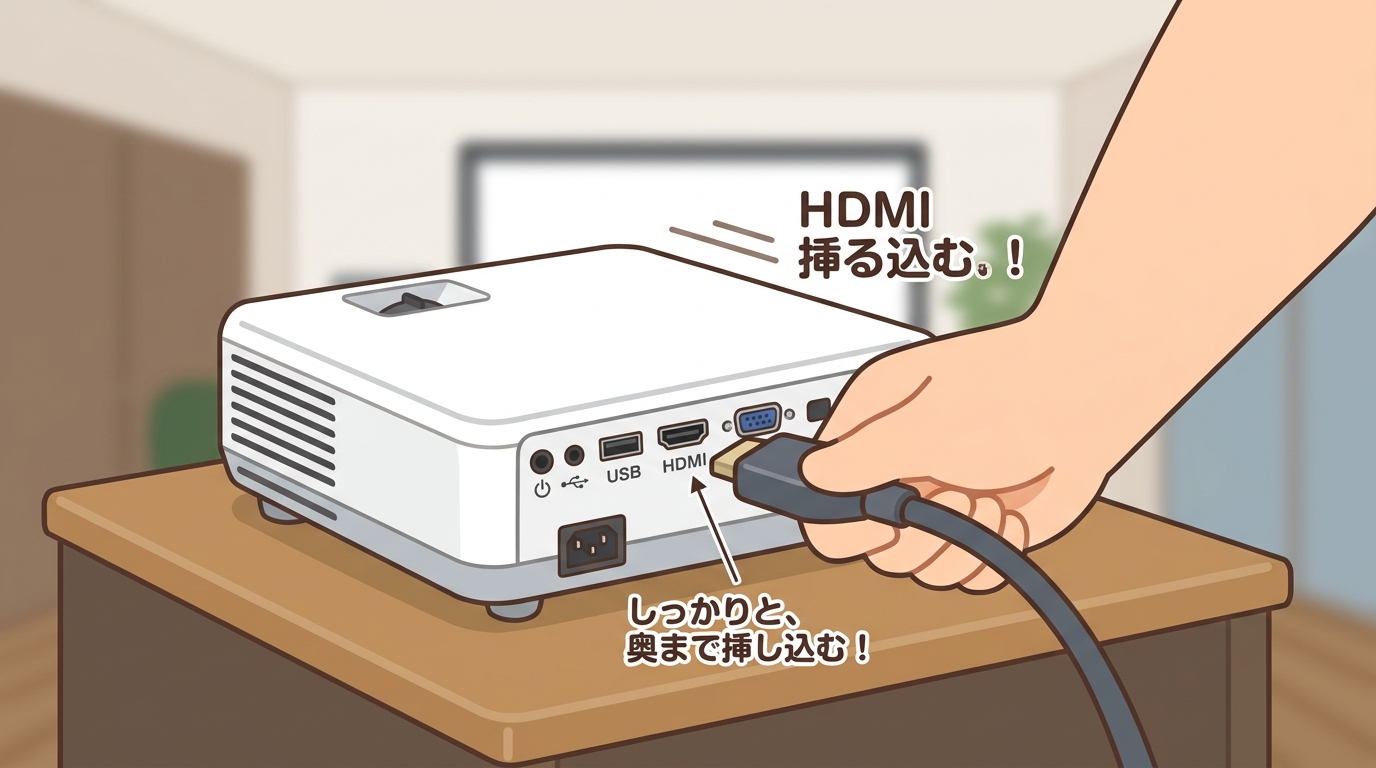 HDMIケーブルを奥まで挿し込んでいる画像
