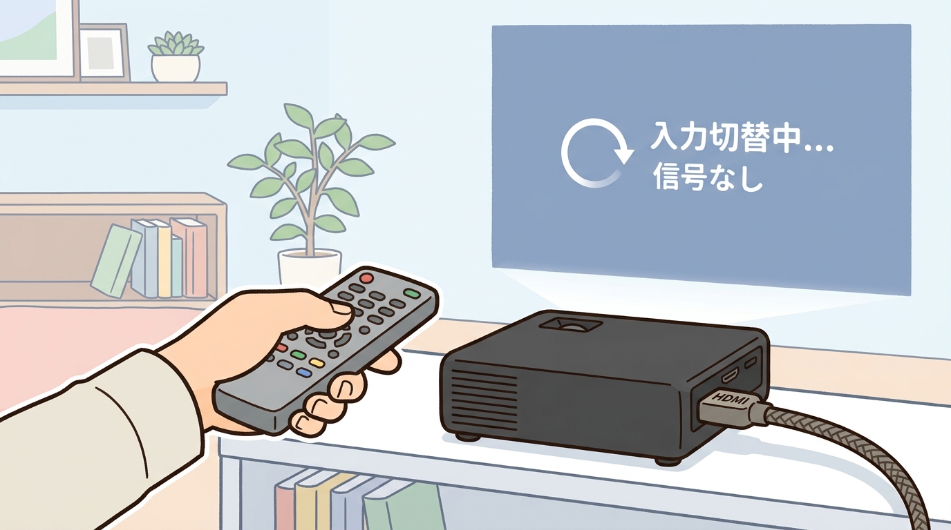 プロジェクターのリモコンで入力切替をしている画像