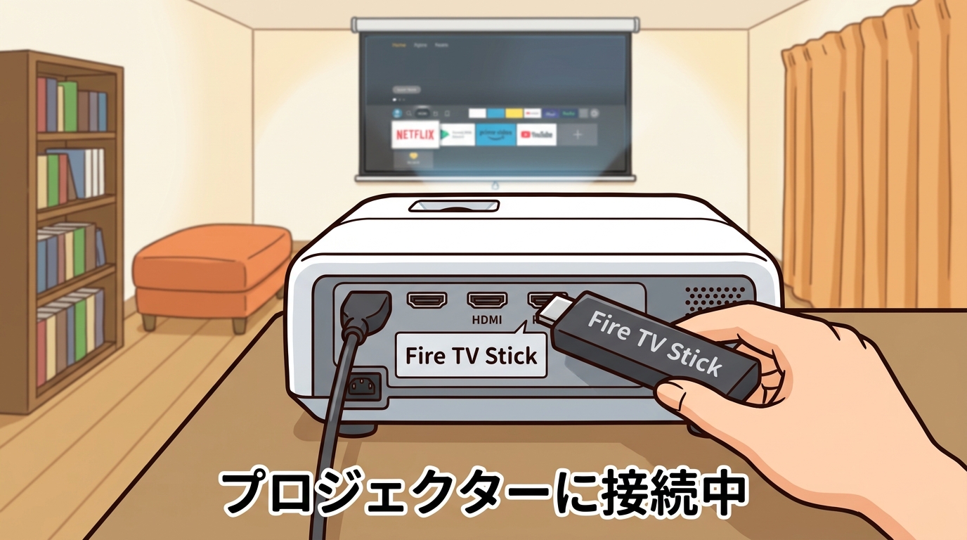 Fire TV Stickをプロジェクターに接続している画像