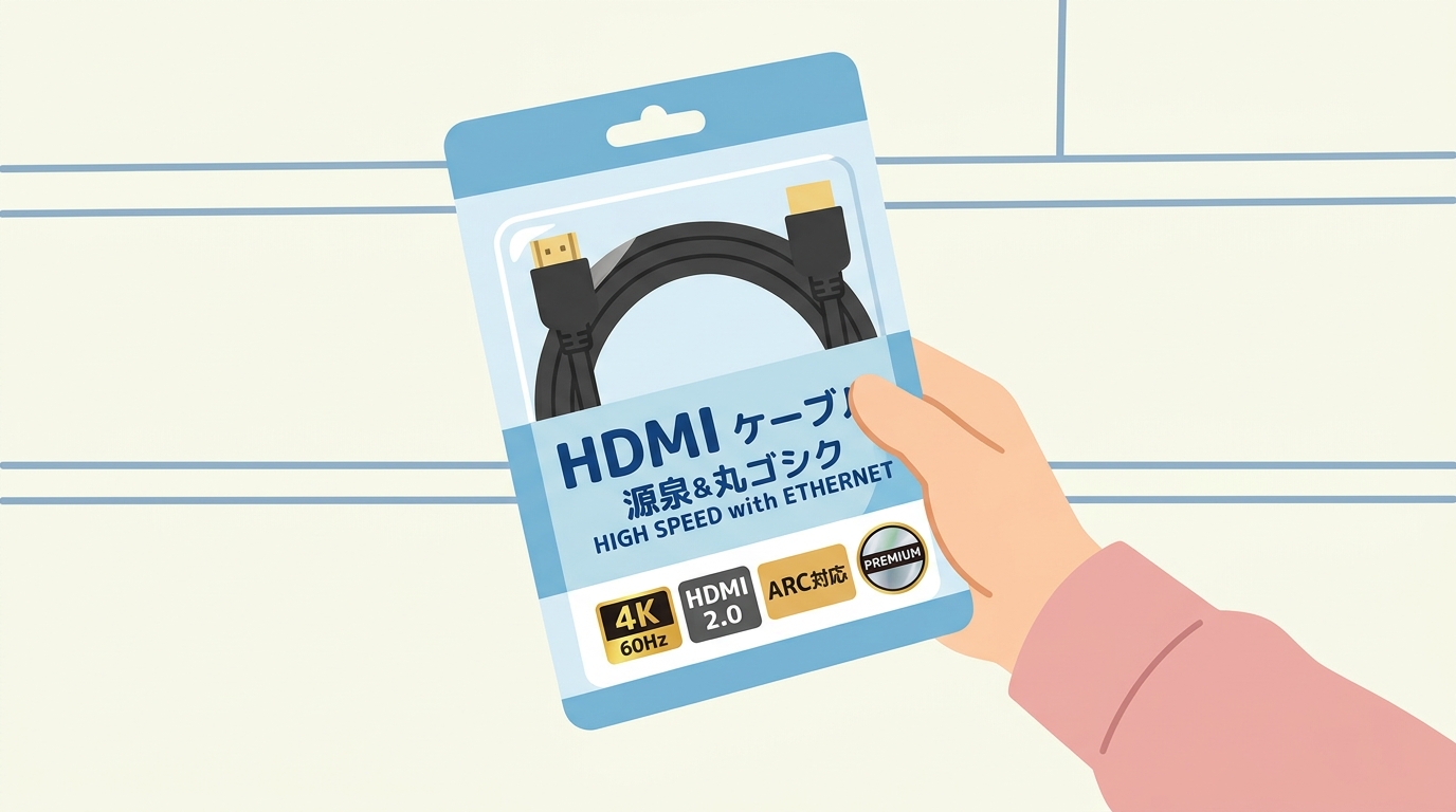 HDMIケーブルのパッケージと規格ロゴの画像