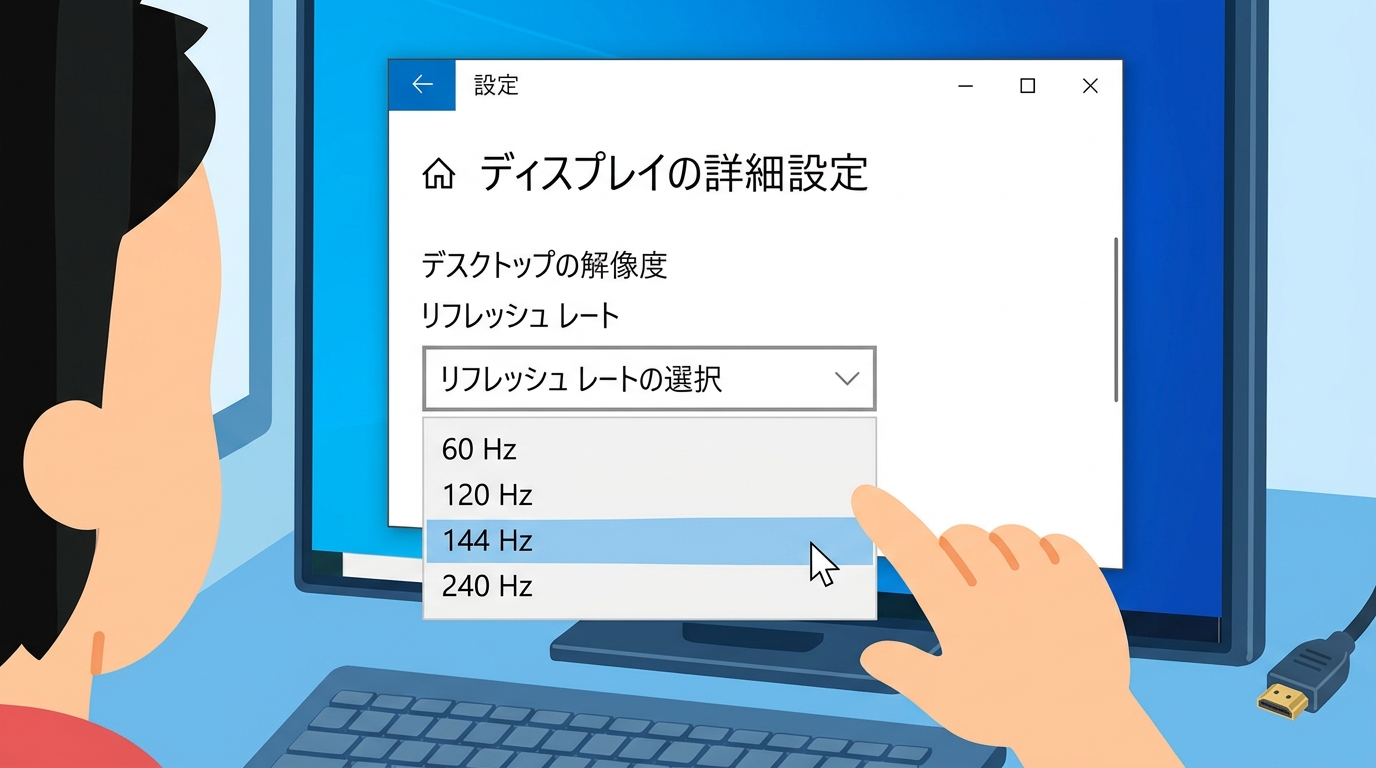Windowsのディスプレイの詳細設定画面でリフレッシュレートを変更している画像