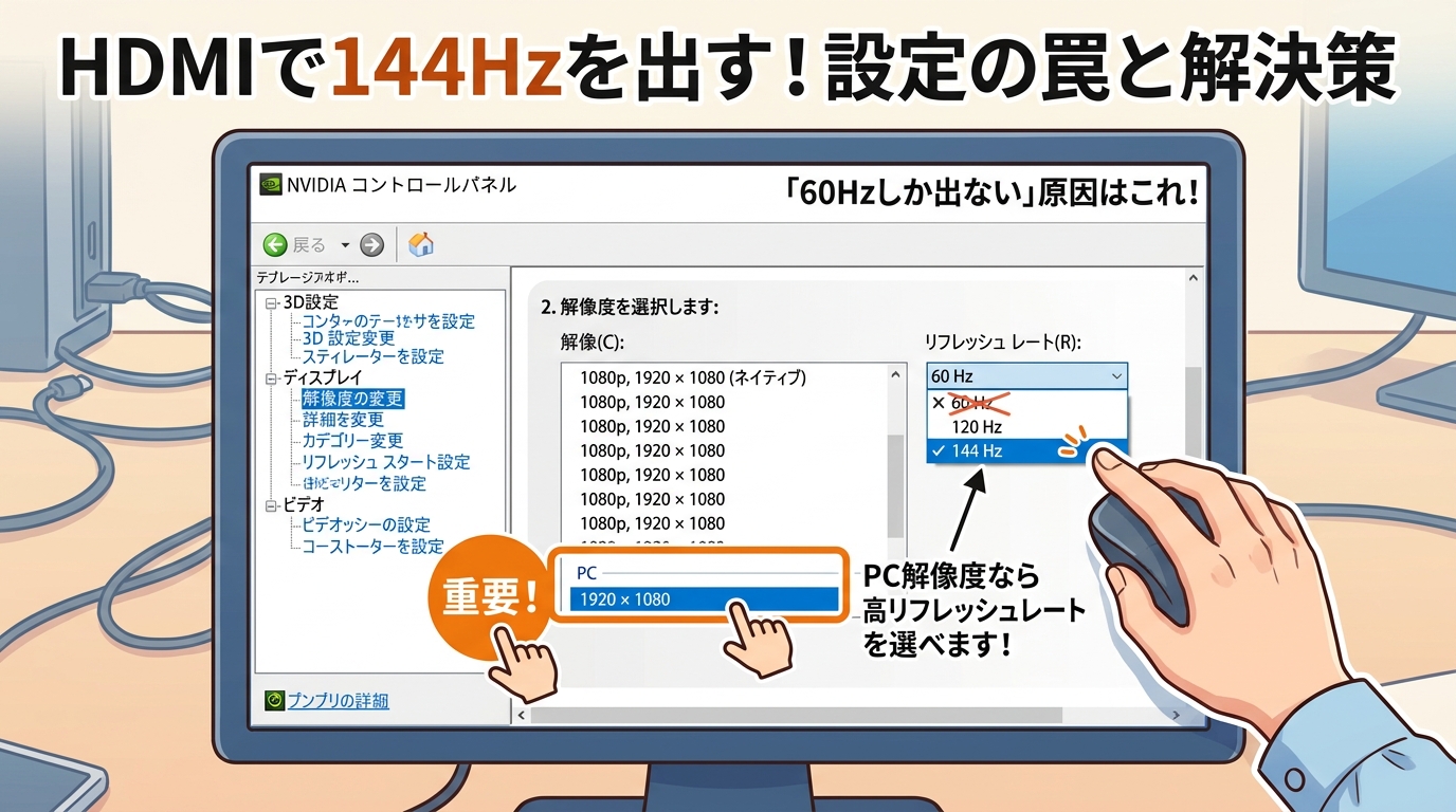NVIDIAコントロールパネルの解像度変更画面で「PC」カテゴリを選択している画像