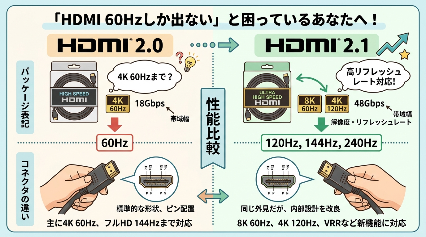 HDMI 2.0とHDMI 2.1のパッケージ表記やコネクタを比較している画像