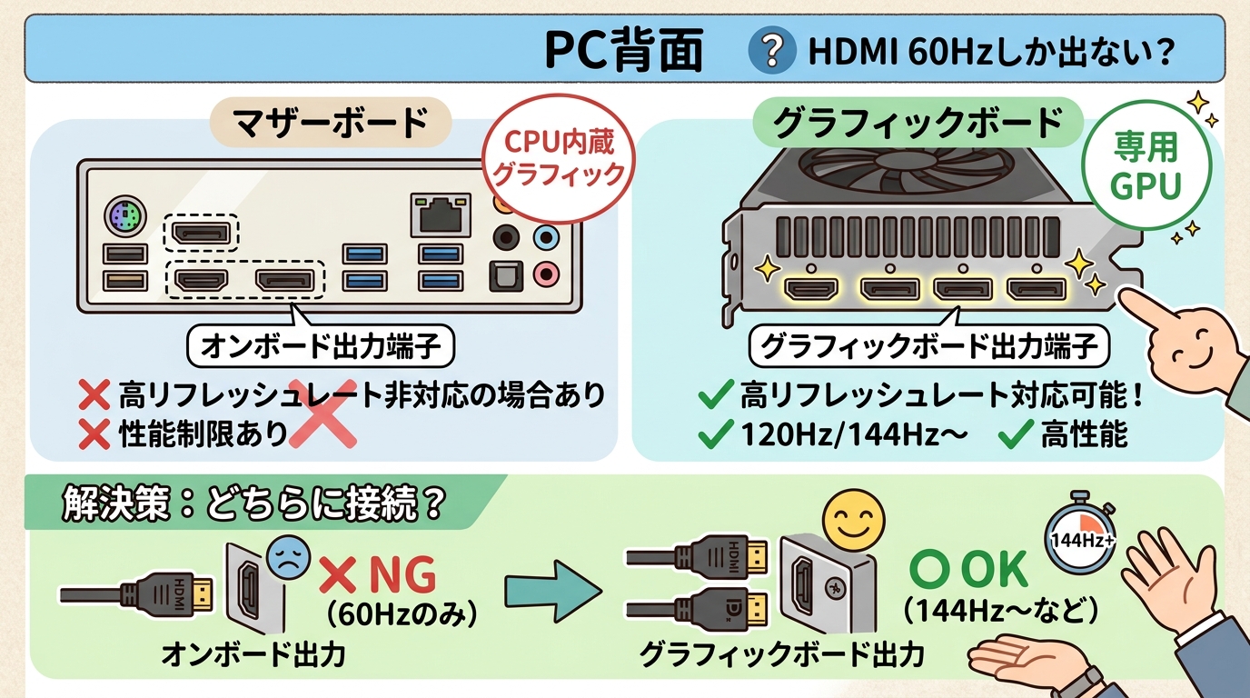 PC背面のグラフィックボードとマザーボードの接続端子の違いを解説する画像