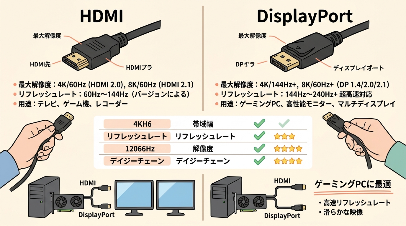 HDMIケーブルとDisplayPortケーブルの比較画像