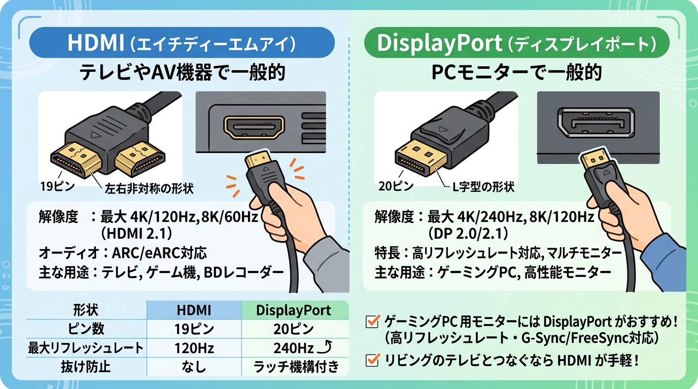 HDMIとDisplayPortの端子形状の違いがわかる画像
