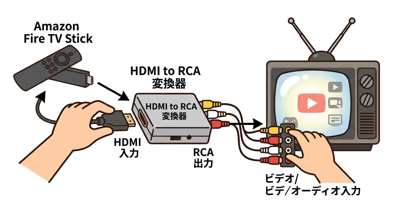 Fire TV Stick、変換器、テレビの接続図解