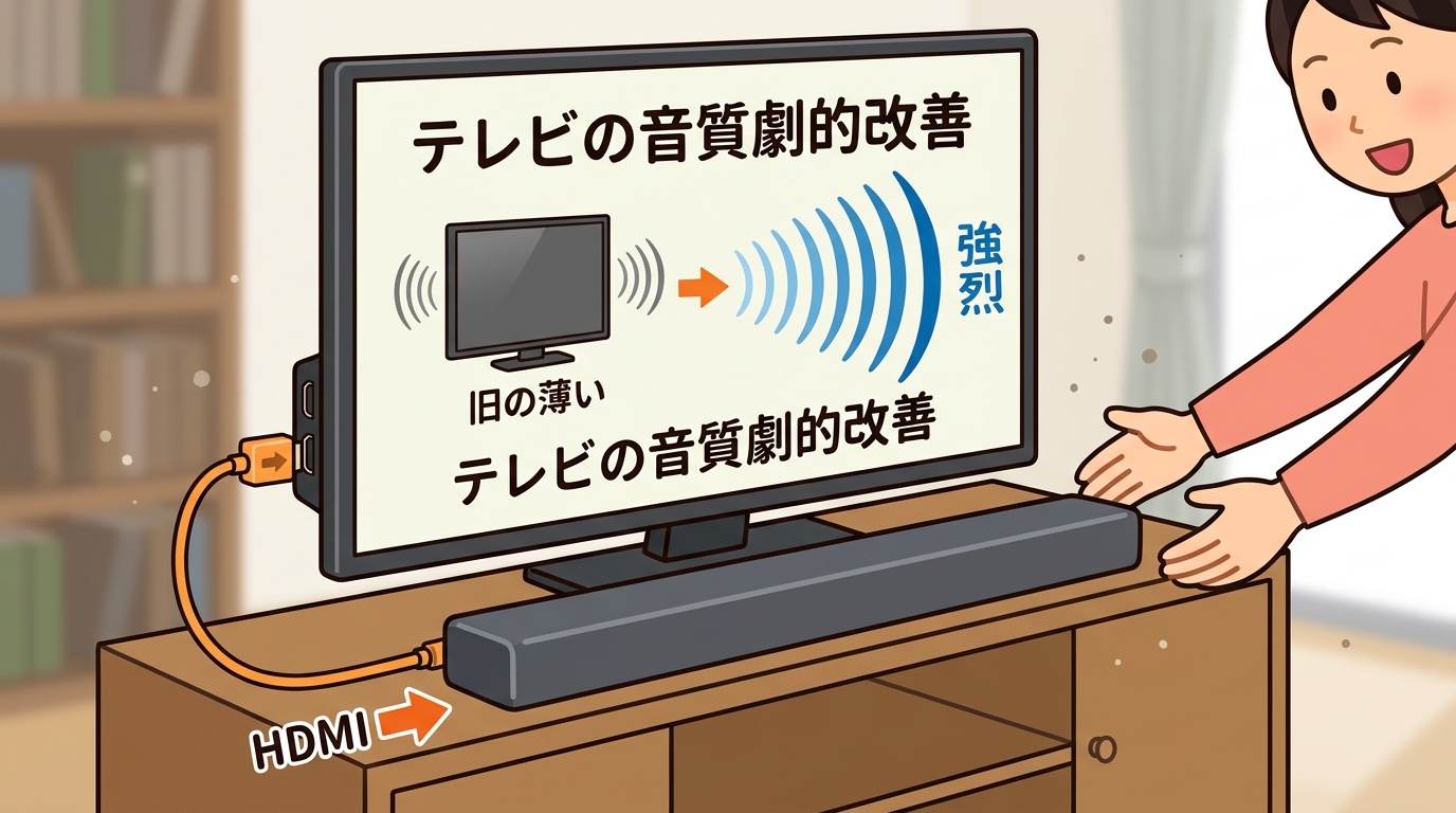 テレビの前に設置されたスタイリッシュなサウンドバーの画像