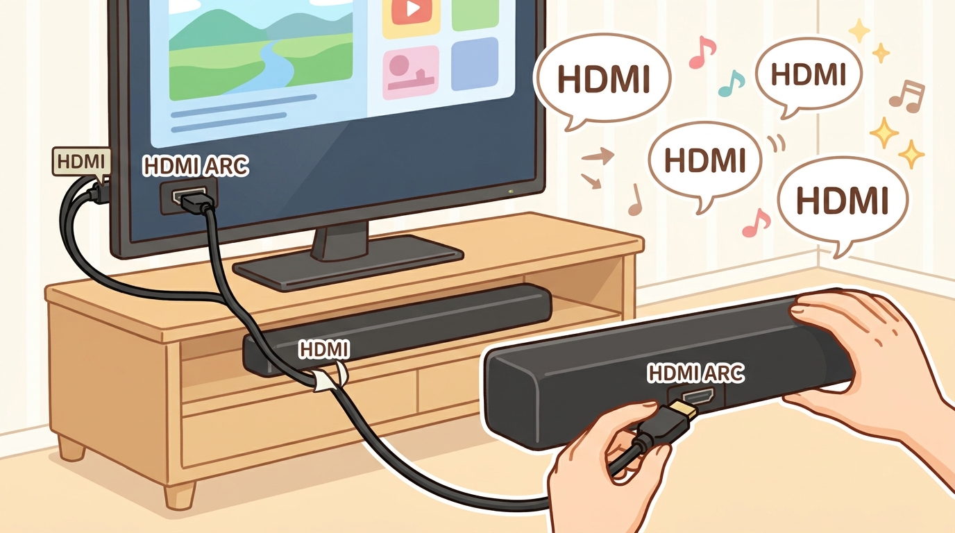 テレビとサウンドバーをHDMIケーブル1本で繋いでいるイラスト