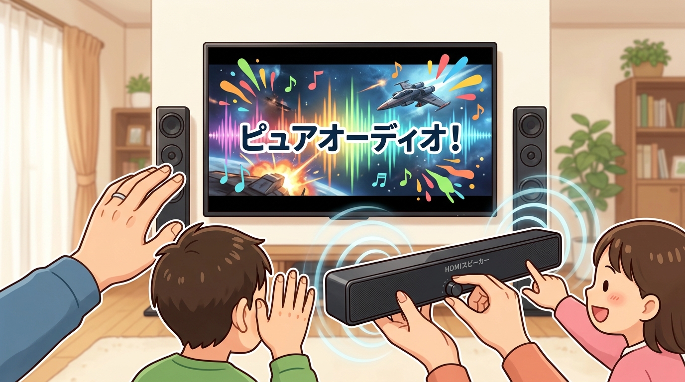 テレビの音に耳を傾ける家族の画像