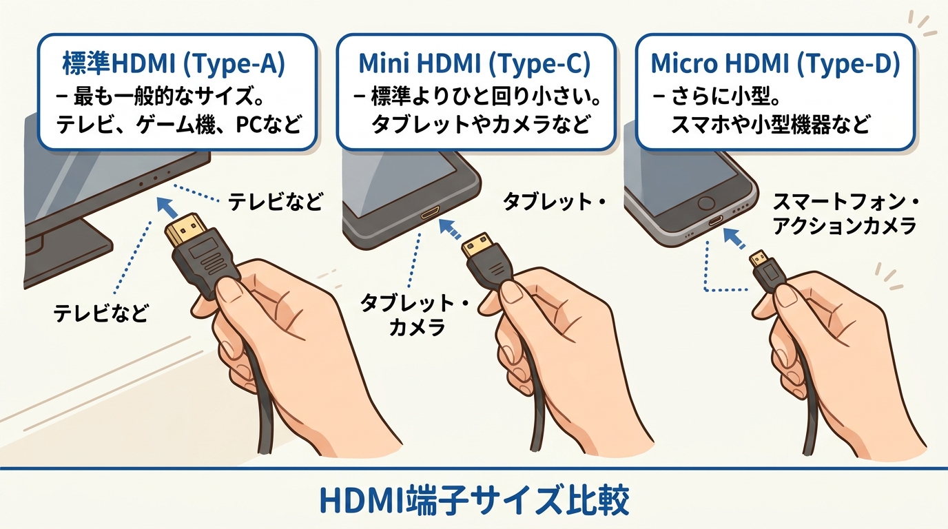 標準HDMI、Mini HDMI、Micro HDMIの端子サイズ比較画像