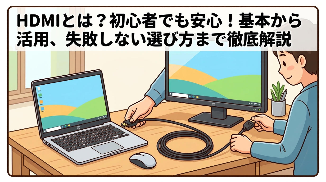 ノートパソコンと外部モニターをHDMIケーブルで繋いでいる画像