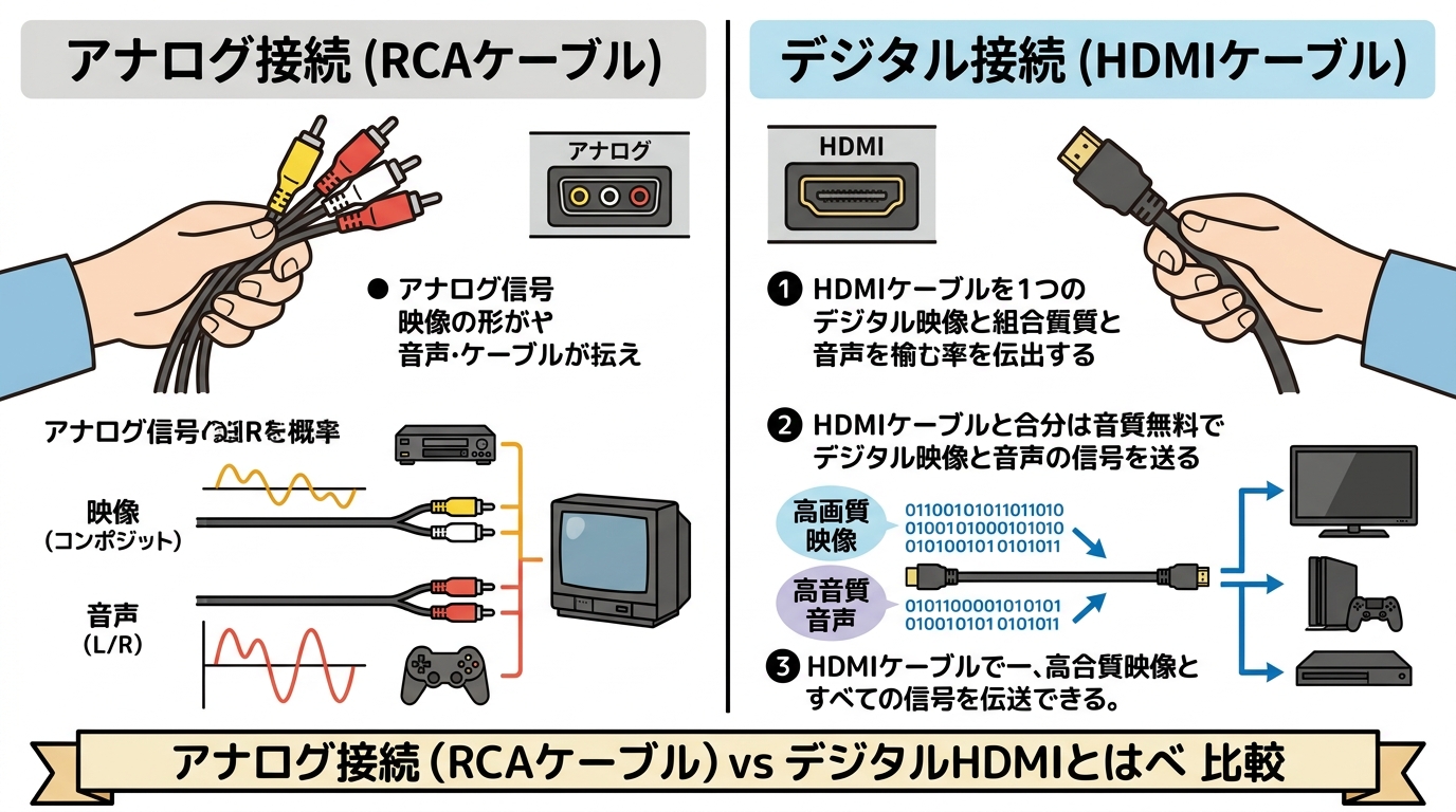 アナログの3色ケーブルとデジタルのHDMIケーブルの比較画像