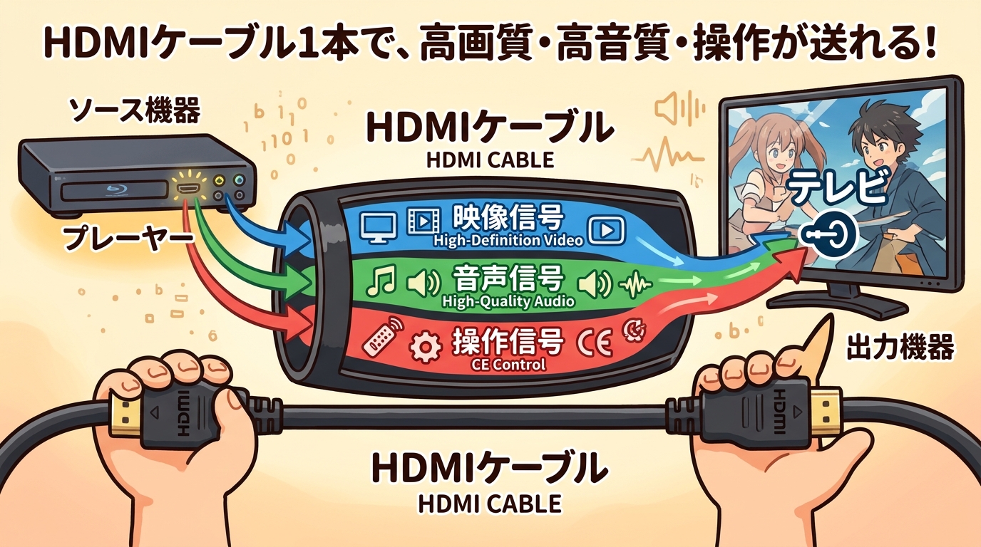 映像・音声・操作信号が1本のHDMIケーブルを通っていくイメージ画像