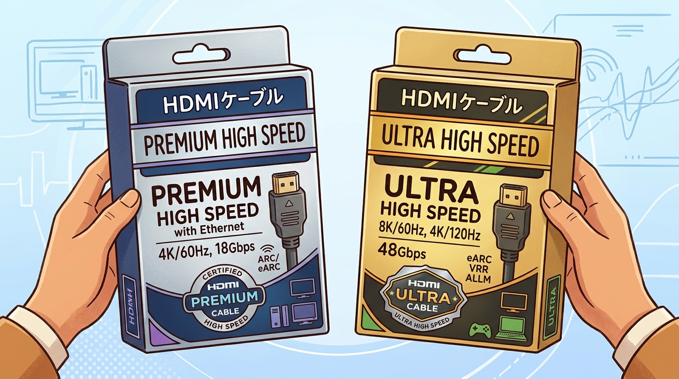 HDMIケーブルのパッケージに記載された「Premium」や「Ultra High Speed」の認証ラベル画像