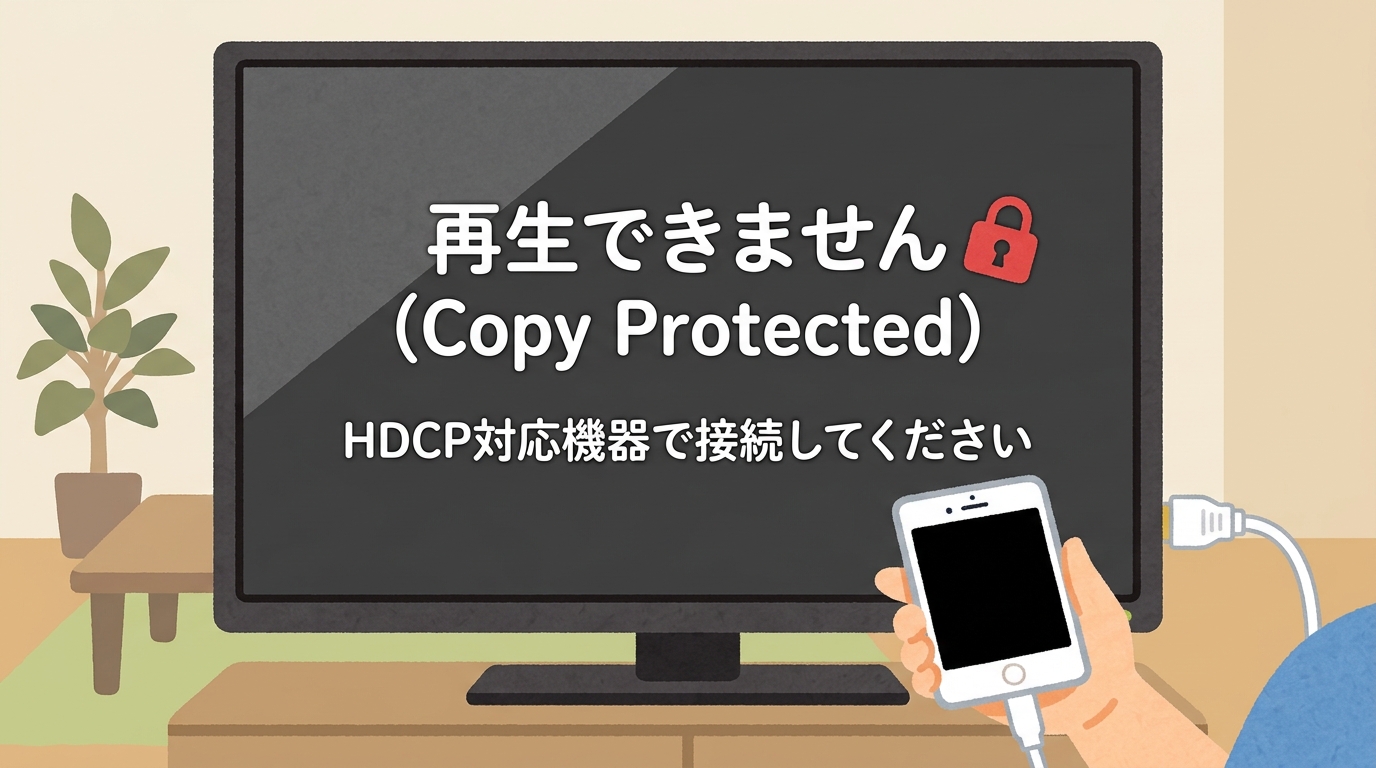 動画アプリ視聴時の真っ暗な画面(HDCP制限のイメージ)の画像