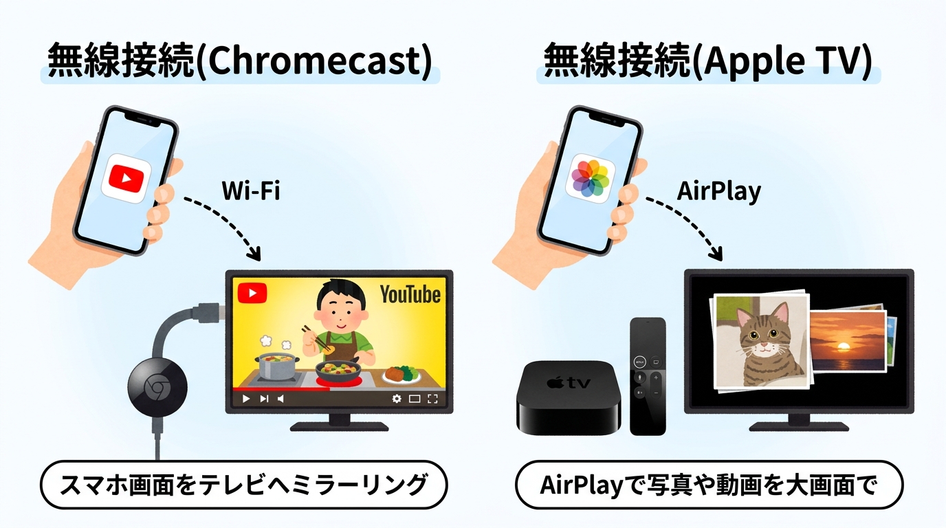 ChromecastやApple TVを使った無線接続のイメージ画像