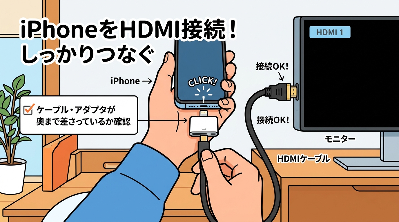 HDMIケーブルと変換アダプタをしっかり接続している画像
