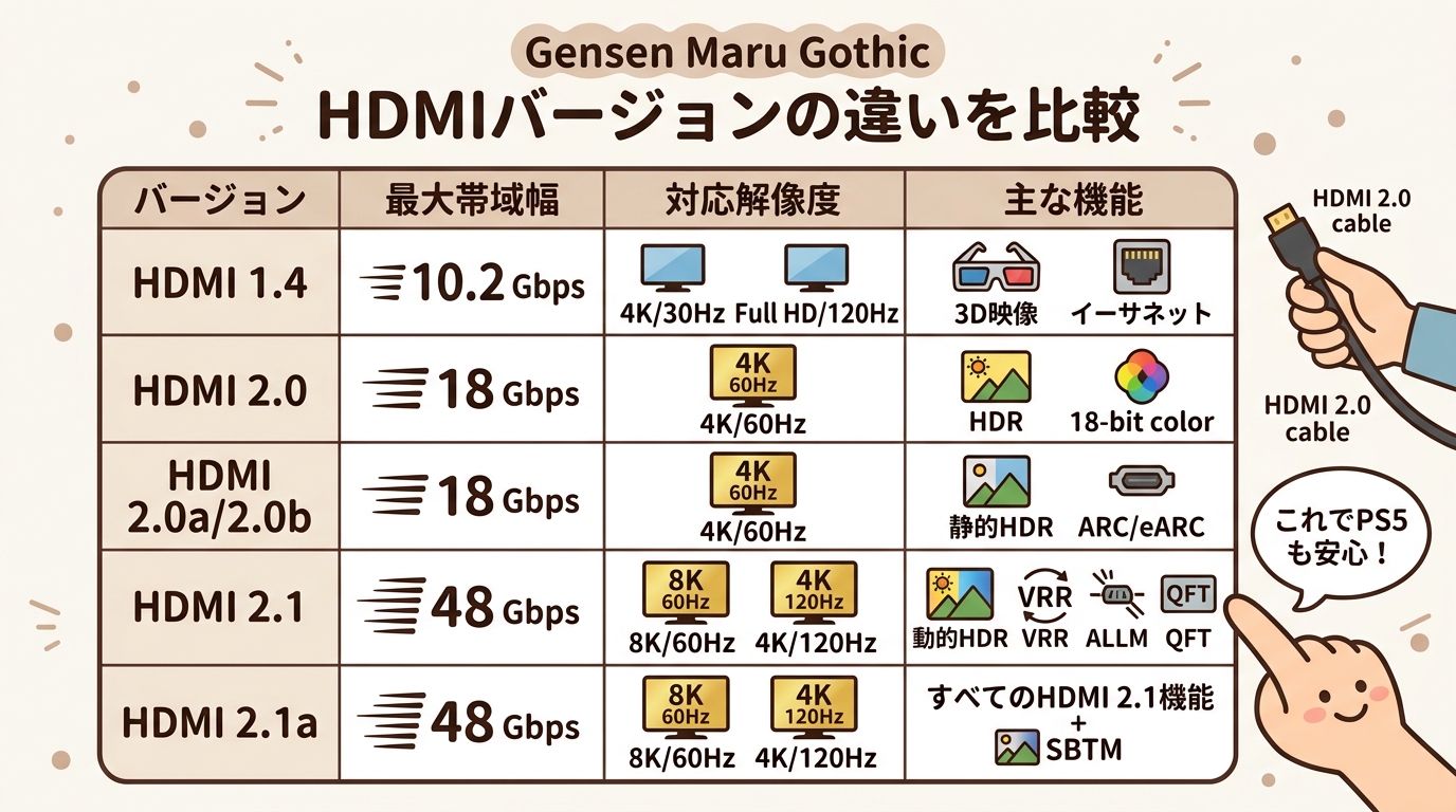 HDMIバージョンの違いを比較した表の画像
