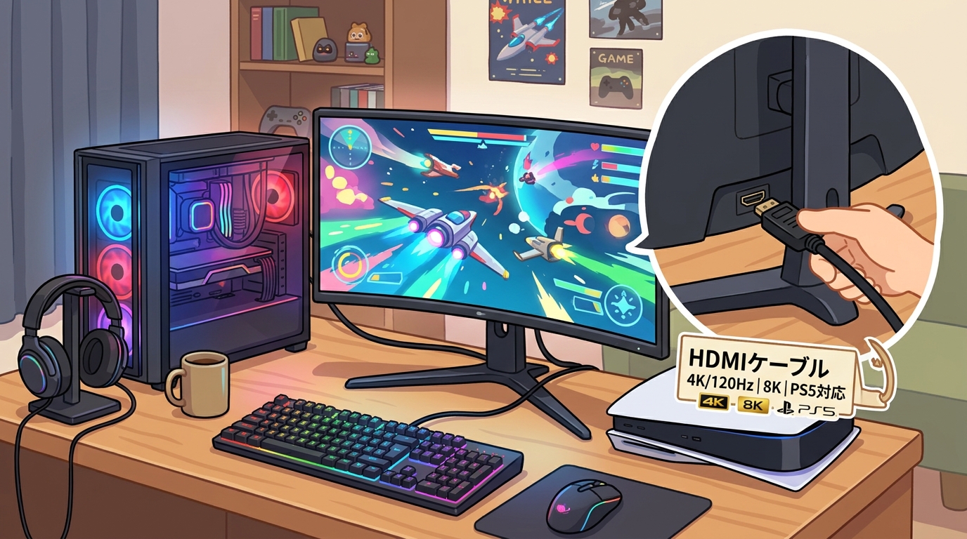 ゲーミングPCとモニターが設置されたデスクの画像