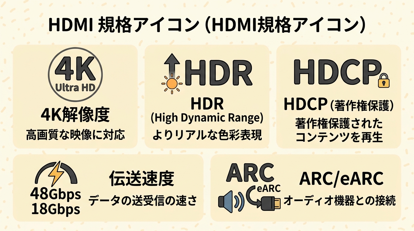 4K、HDR、HDCPなどのHDMI規格アイコンをまとめた画像