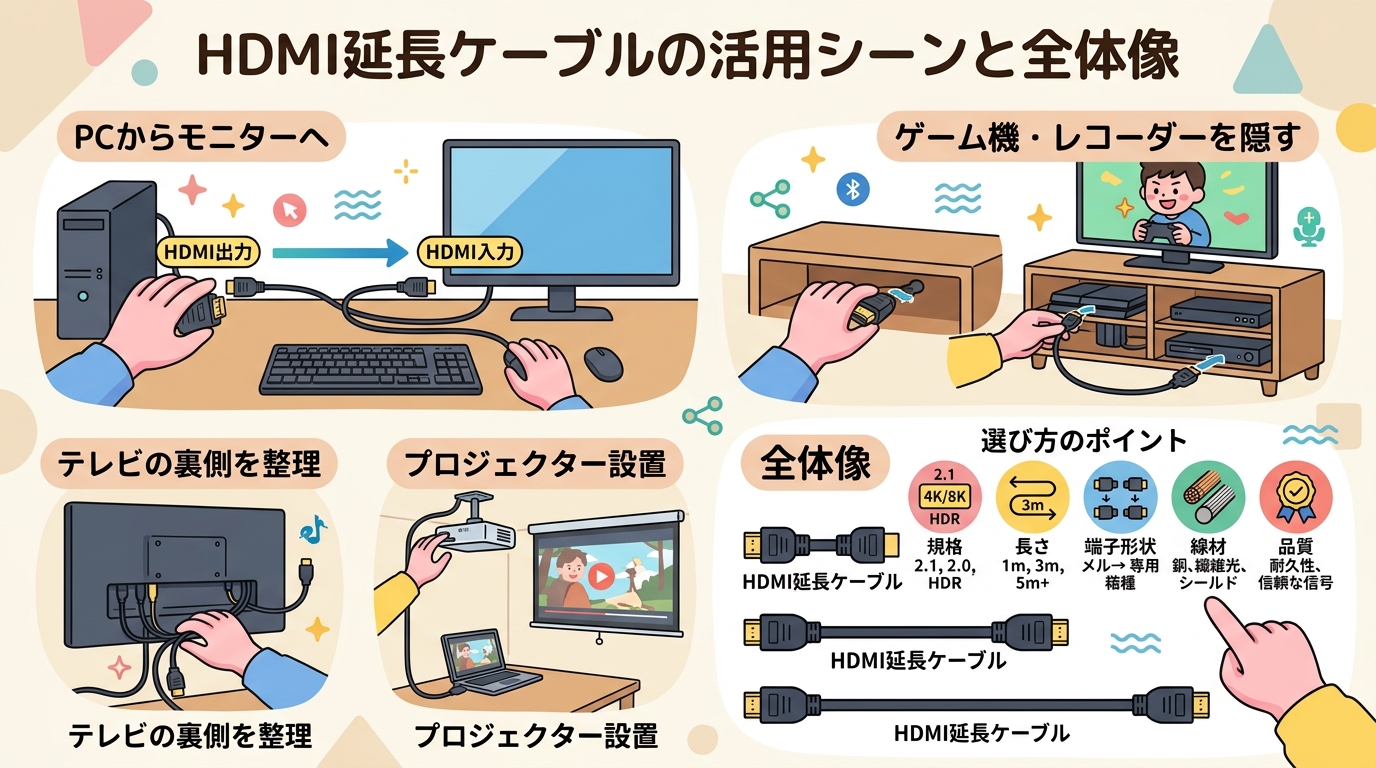HDMI延長ケーブルの使用シーンや全体像を示す画像