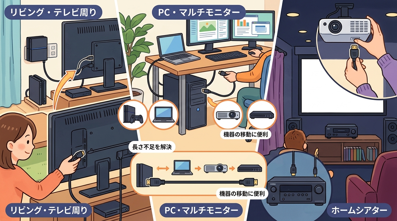 PCデスク、テレビ周り、ホームシアターなど様々な環境でのHDMIケーブル使用イメージ画像