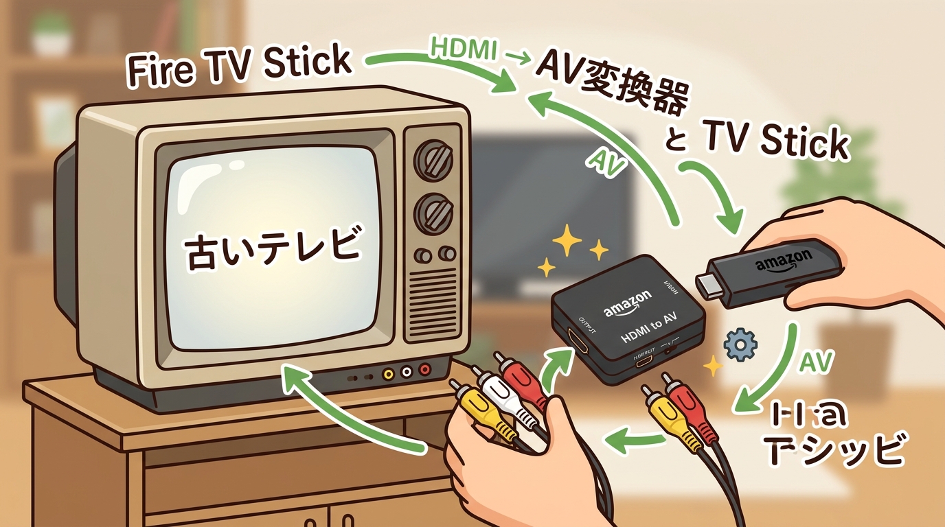 Fire TV Stickと古いテレビを変換器で繋いでいるイメージ画像