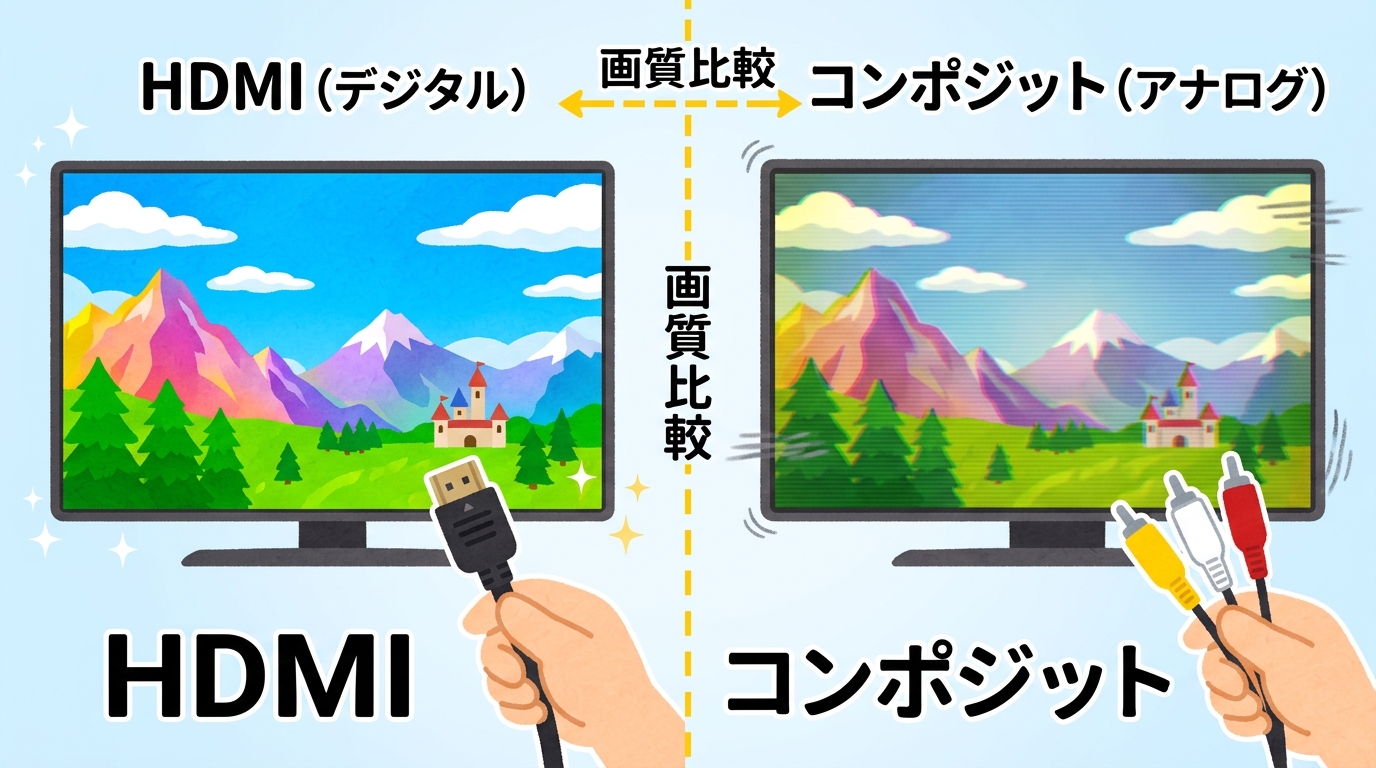 HDMIとコンポジットの画質の違いを比較するイメージ画像