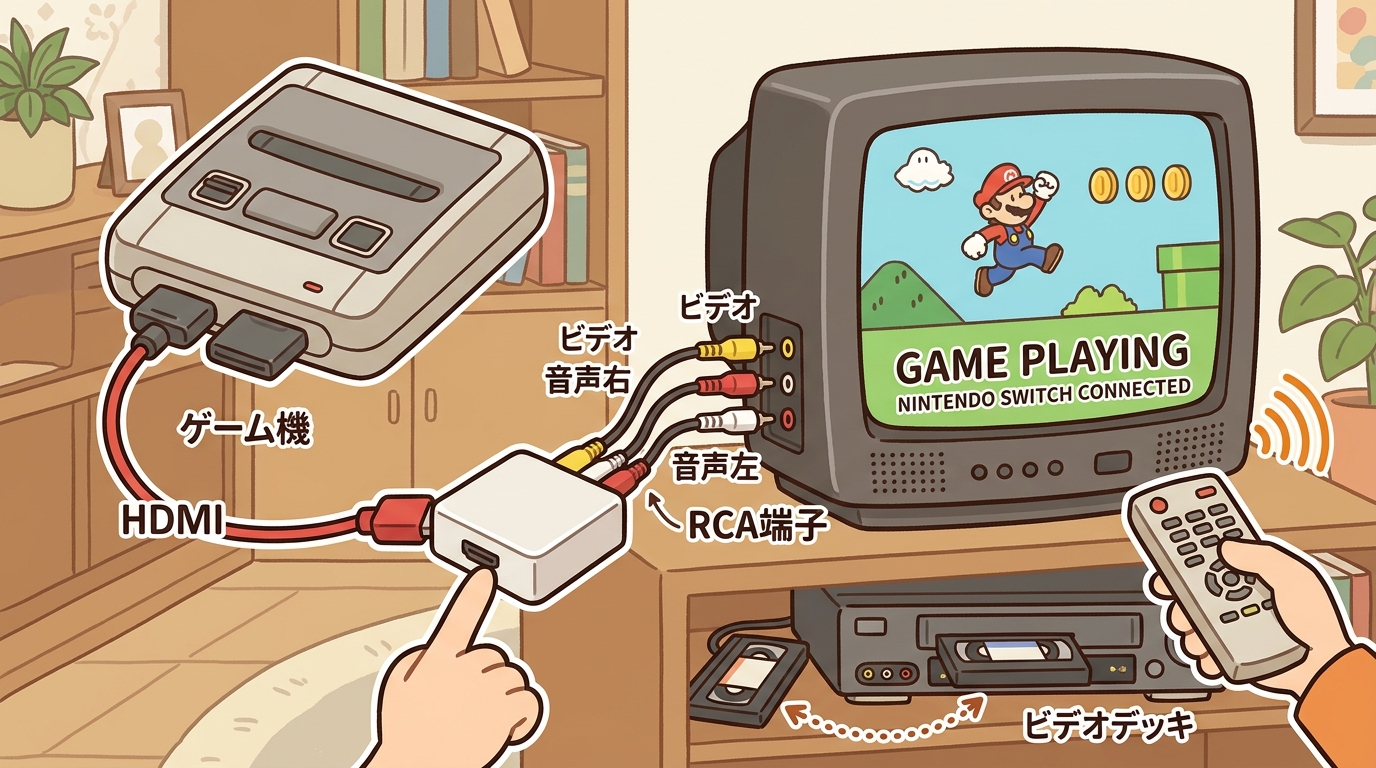 ブラウン管テレビに最新ゲーム機が映っている画像