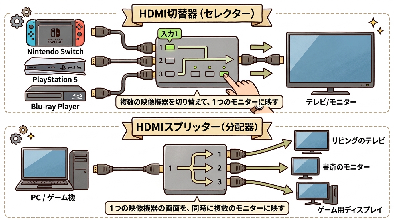 HDMI切替器とスプリッターの仕組みの違いを示す図解
