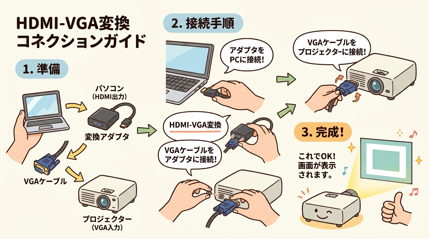 PC、変換器、プロジェクターの正しい接続手順の図解画像